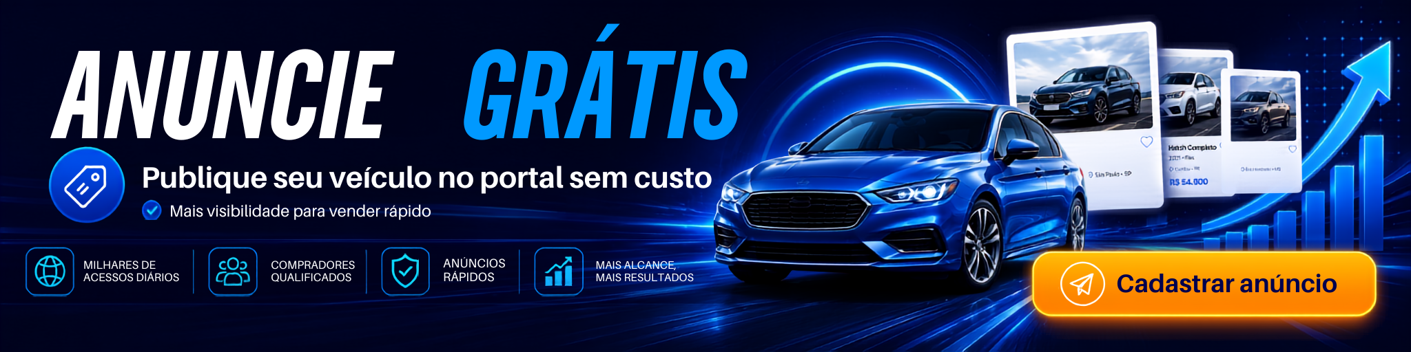 Anuncie grátis — publique seu veículo no portal e venda sem custo. Cadastrar anúncio.